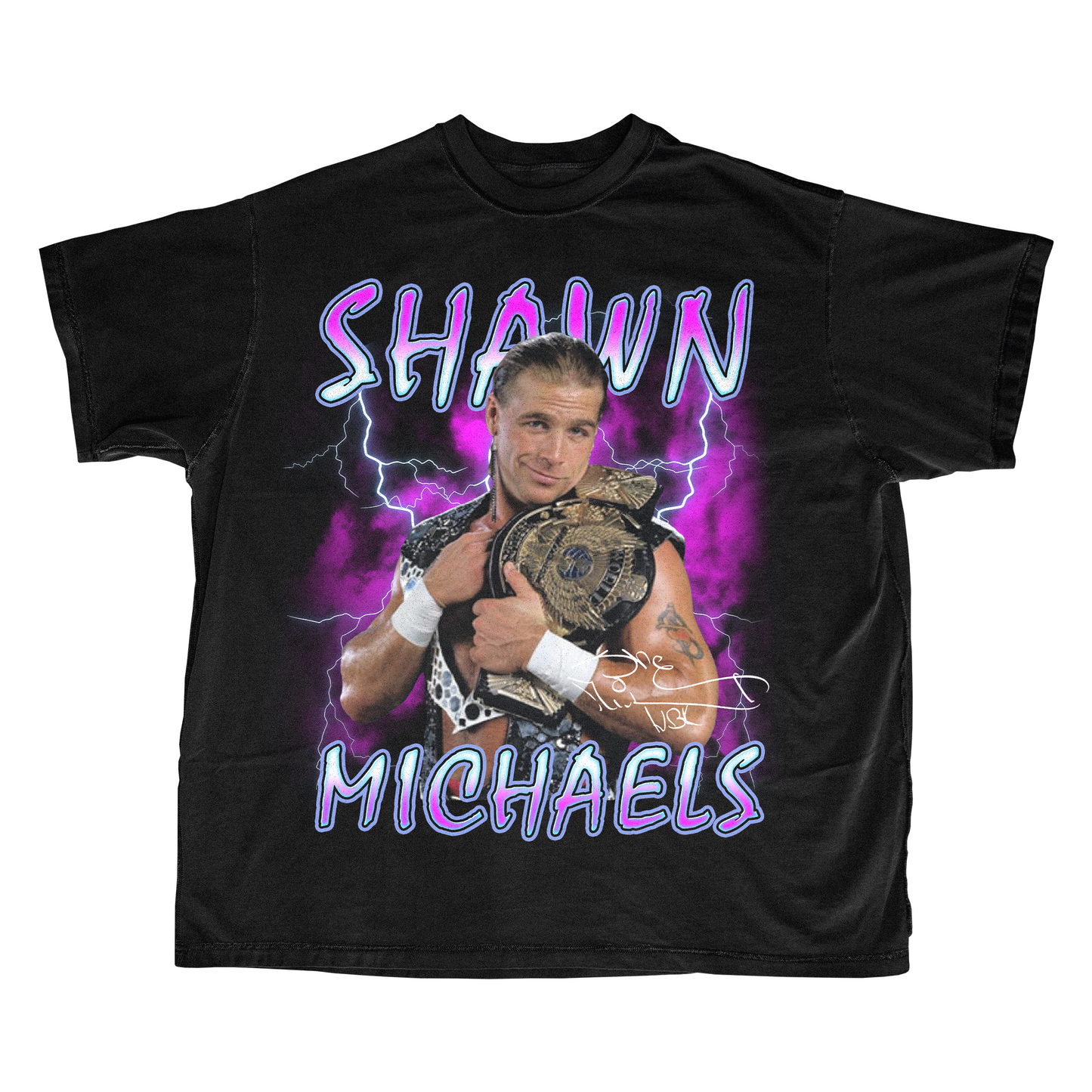 Vintage Shawn Michaels 90s Wrestling Tee featuring a bold, retro design. This bootleg-style tee pays homage to the Heartbreak Kid, celebrating his iconic 90s WWE era.
